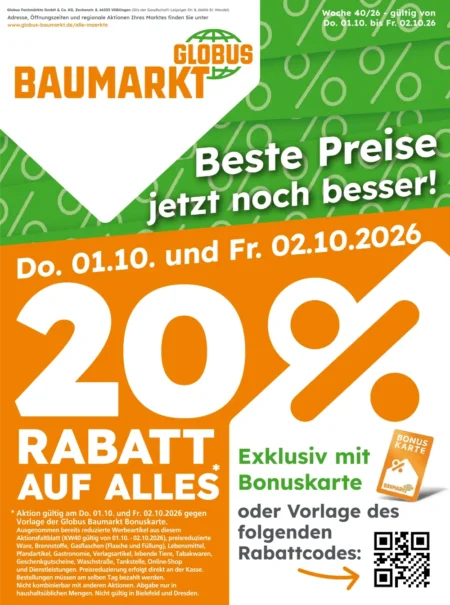 Globus Baumarkt Prospekt ab 01.10.2026 (KW 40) Globus Baumarkt Prospekt ab 01.10.2026 Seite 1 mit 20% Rabatt auf Alles, Rabattcodes und Bonuskarte.