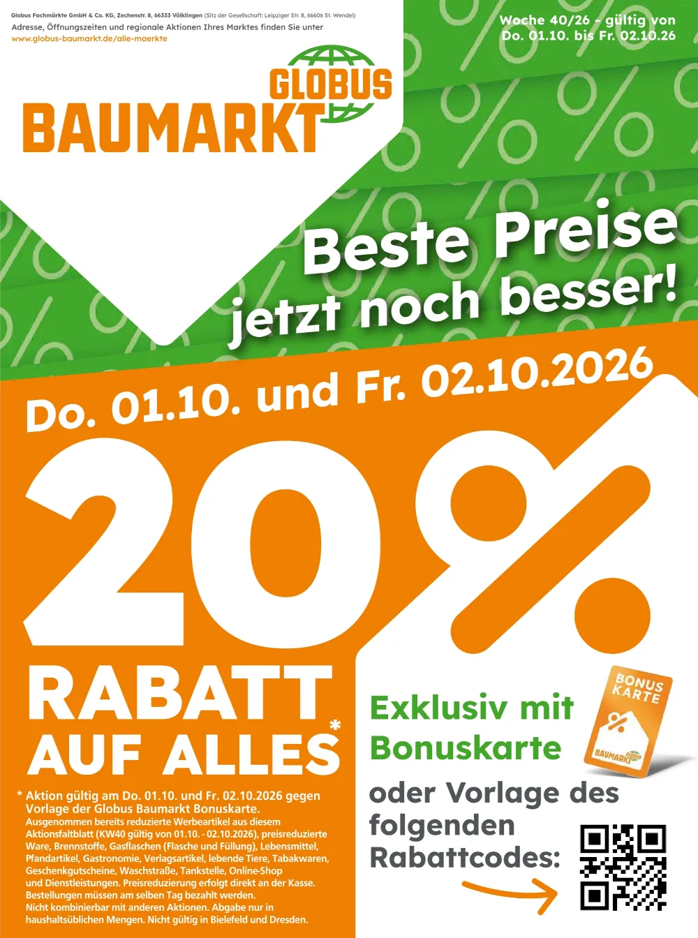 Globus Baumarkt Prospekt ab 01.10.2026 Seite 1 mit 20% Rabatt auf Alles, Rabattcodes und Bonuskarte.