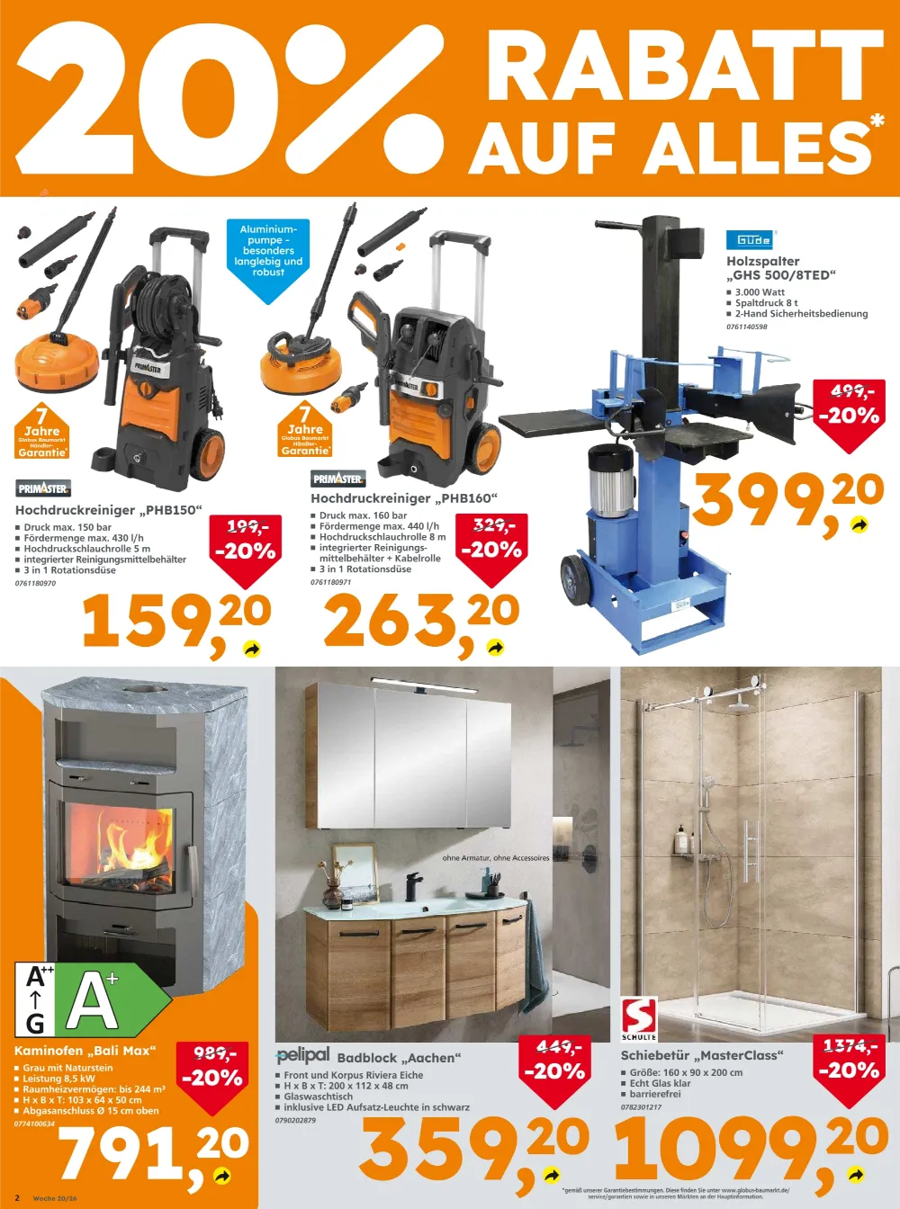 Globus Baumarkt Prospekt KW40 Seite 2 mit Hochdruckreiniger, Holzspalter, Kaminofen, Badblock und Schiebetür.
