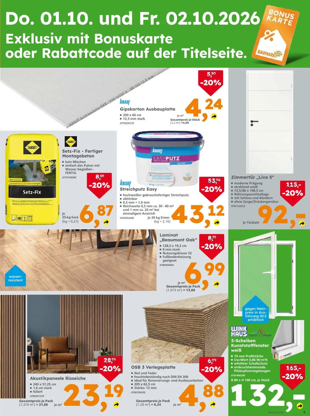 Globus Baumarkt Prospekt KW40 Seite 3 mit Gipskarton, Montagebeton, Streichputz, Zimmertür, Laminat und Fenster.