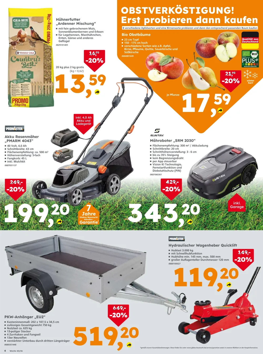 Globus Baumarkt Prospekt KW40 Seite 4 mit Hühnerfutter, Obstbäumen, Akku-Rasenmäher, Mähroboter und Anhänger.