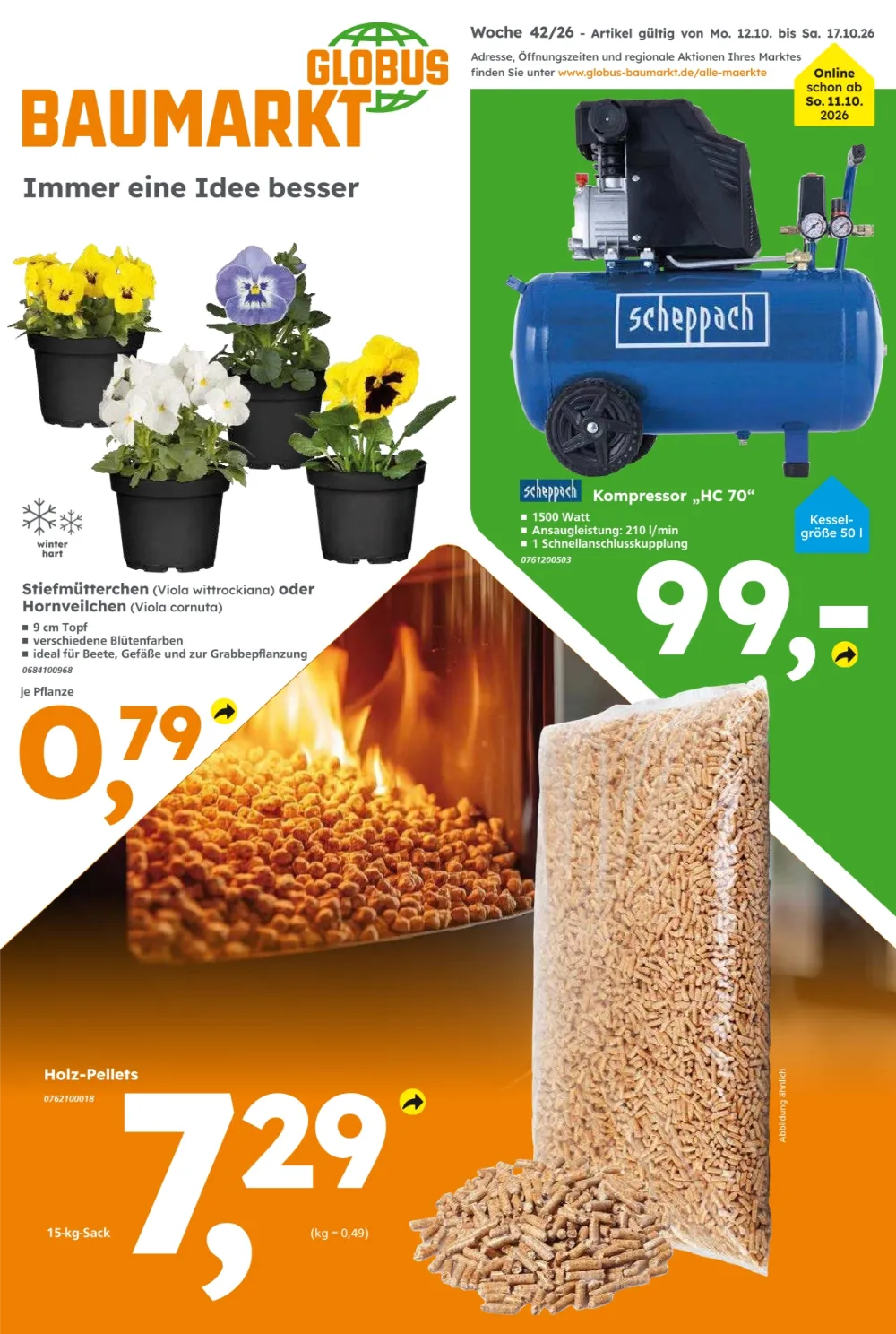 Globus Baumarkt Prospekt ab 12.10.2026 Seite 1 mit Stiefmütterchen, Hornveilchen, Scheppach Kompressor & Holz-Pellets