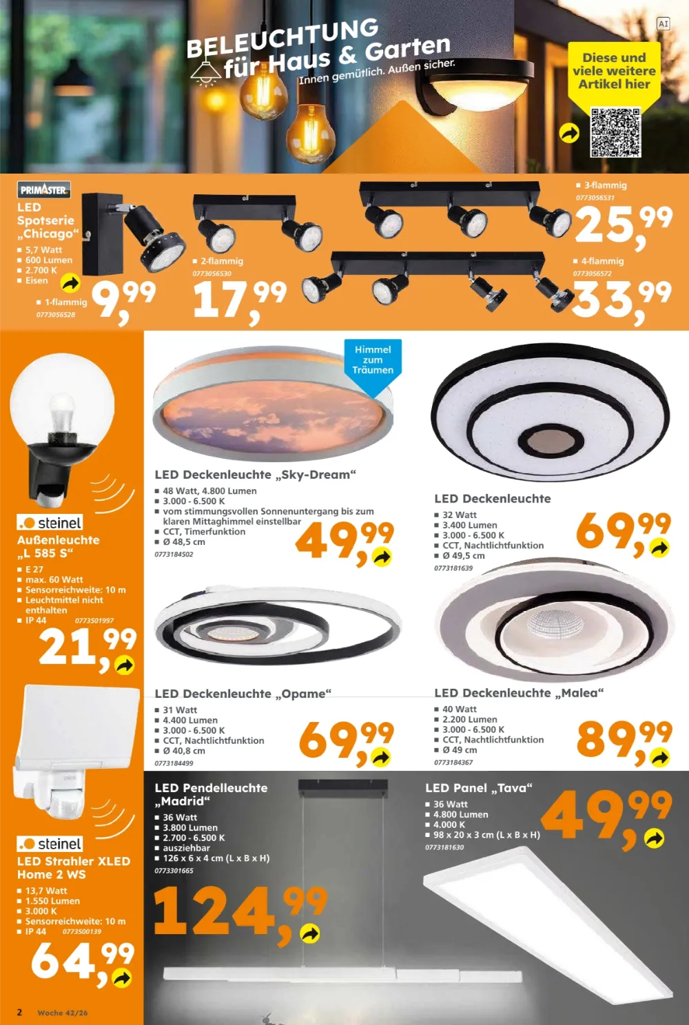 Globus Baumarkt Prospekt KW 42 Seite 2 mit LED Spotserie Chicago, Deckenleuchte Sky-Dream, Opame & Strahler XLED