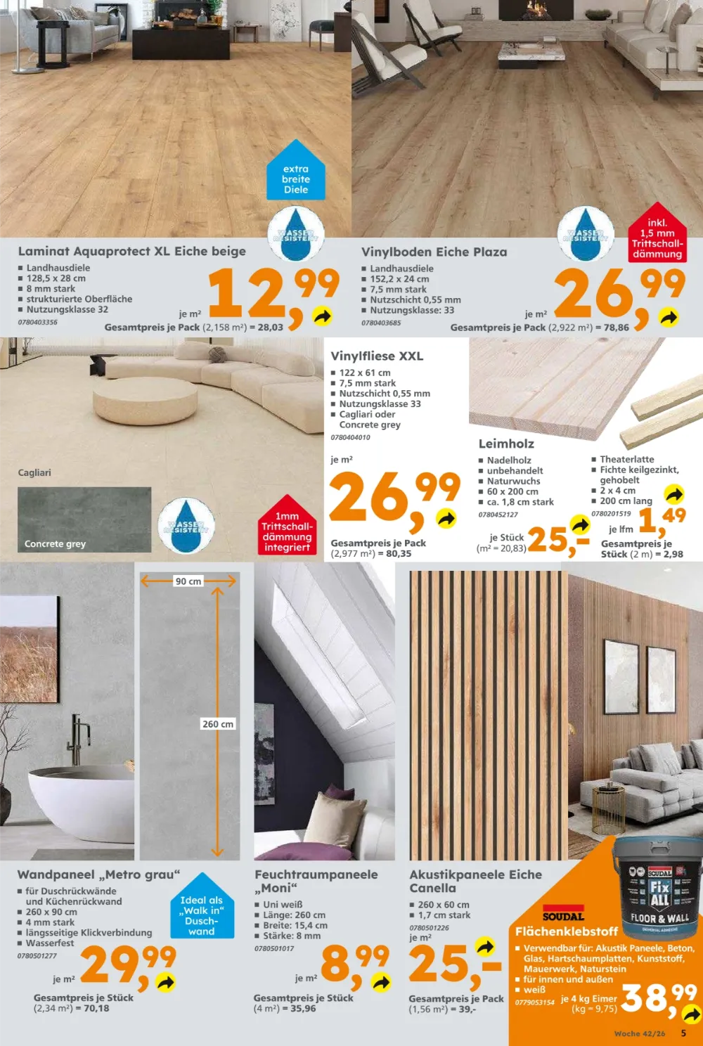Globus Baumarkt Prospekt KW 42 Seite 5 mit Laminat Aquaprotect XL, Vinylboden Eiche Plaza, Vinylfliese & Akustikpaneele