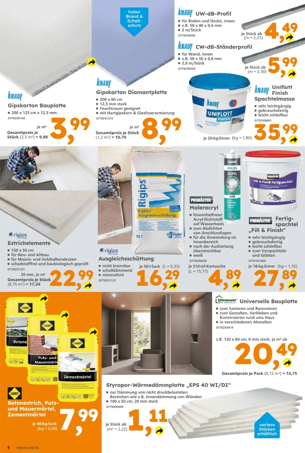 Globus Baumarkt Prospekt KW 42 Seite 6 mit Knauf Gipskarton Bauplatte, Rigips Ausgleichsschüttung & Betonestrich   