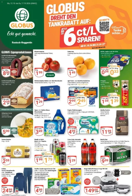 Globus Prospekt ab 12.10.2026 (KW 42) Nord Globus Prospekt ab 12.10.2026 Seite 1 mit Müller Joghurt, Weihenstephan Butter, Iglo, Pringles, Coca-Cola & Beck's