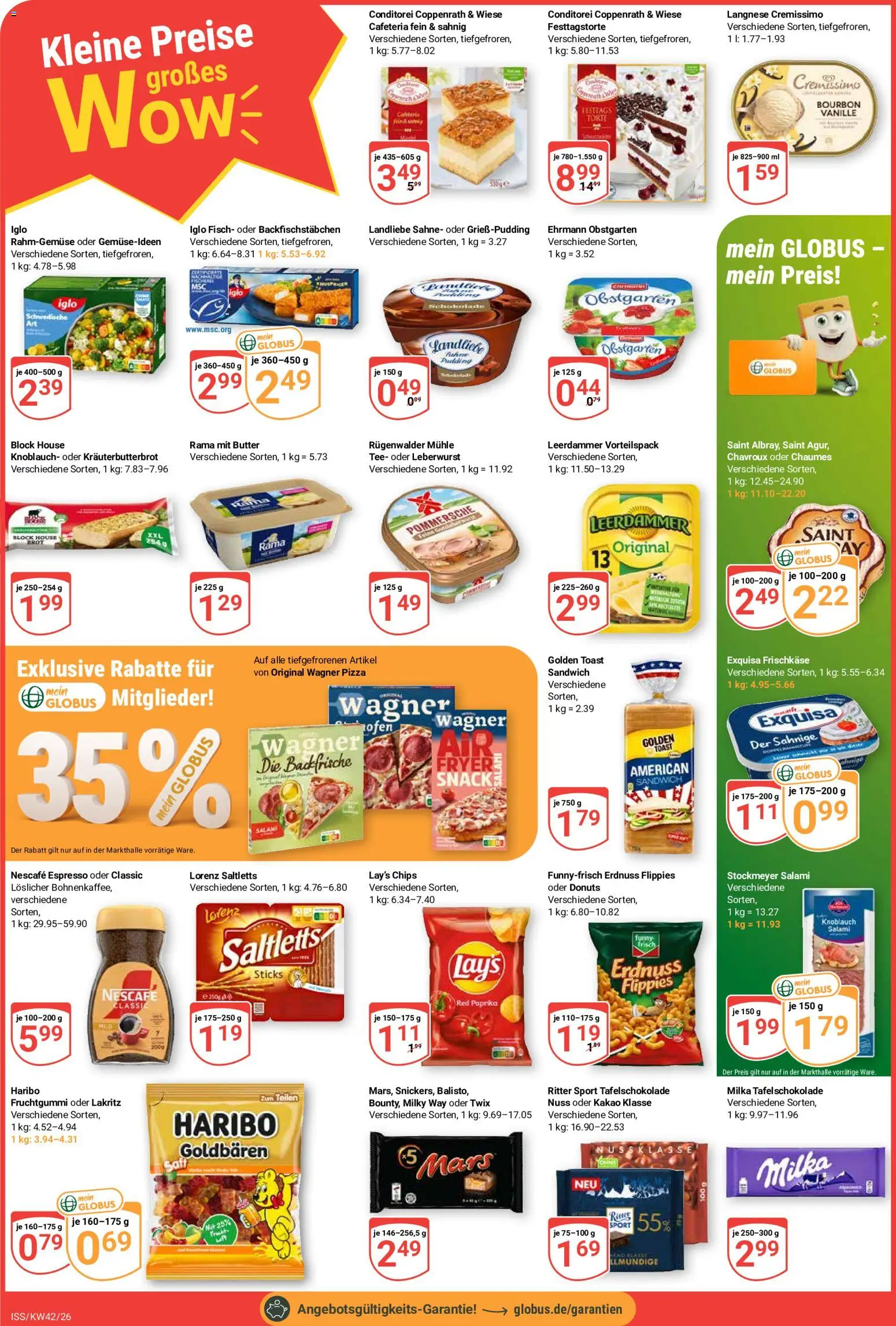 Globus Prospekt KW 42 Seite 2 mit Coppenrath & Wiese, Iglo, Leerdammer, Original Wagner Pizza & Haribo Goldbären