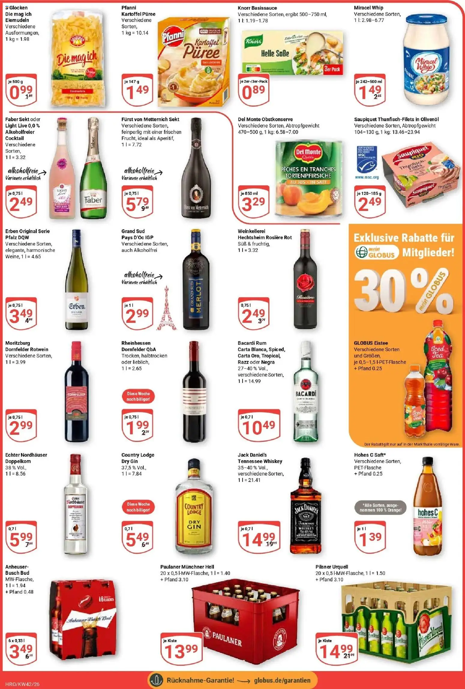 Globus Prospekt KW 42 Seite 3 mit Glocken Nudeln, Pfanni Püree, Fürst von Metternich, Bacardi & Paulaner