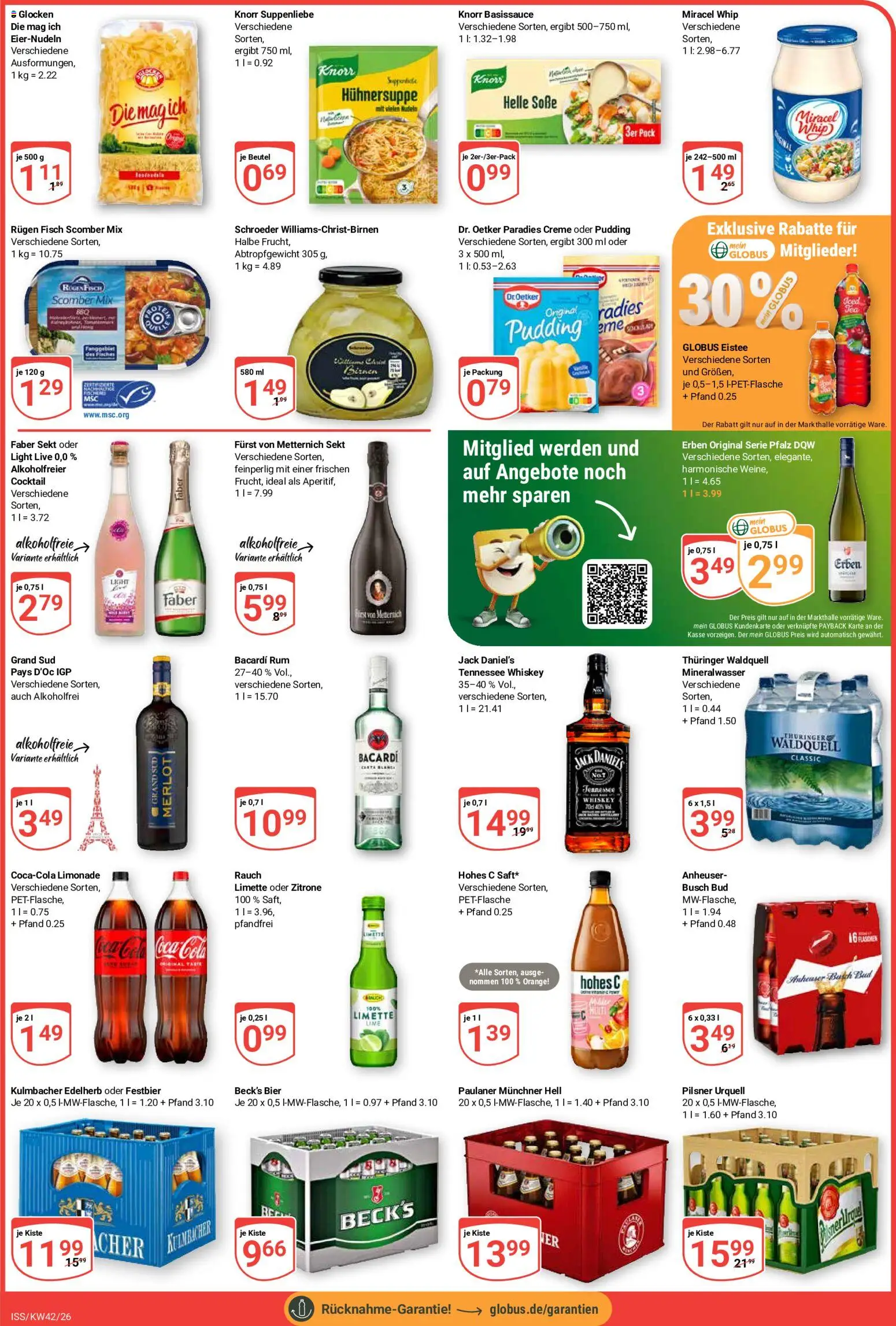 Globus Prospekt KW 42 Seite 3 mit Knorr Suppenliebe, Miracel Whip, Coca-Cola, Beck's Bier & Paulaner Münchner Hell