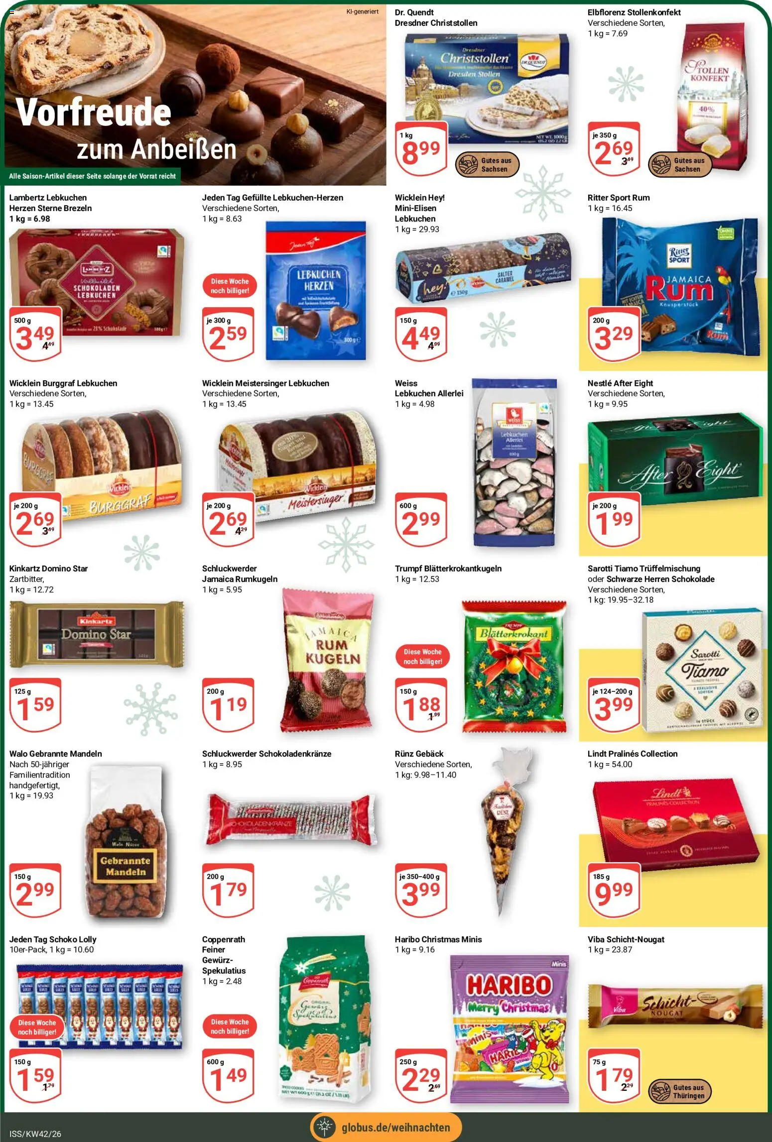 Globus Prospekt KW 42 Seite 5 mit Dr. Quendt Christstollen, Lambertz Lebkuchen, Ritter Sport & Lindt Pralinés