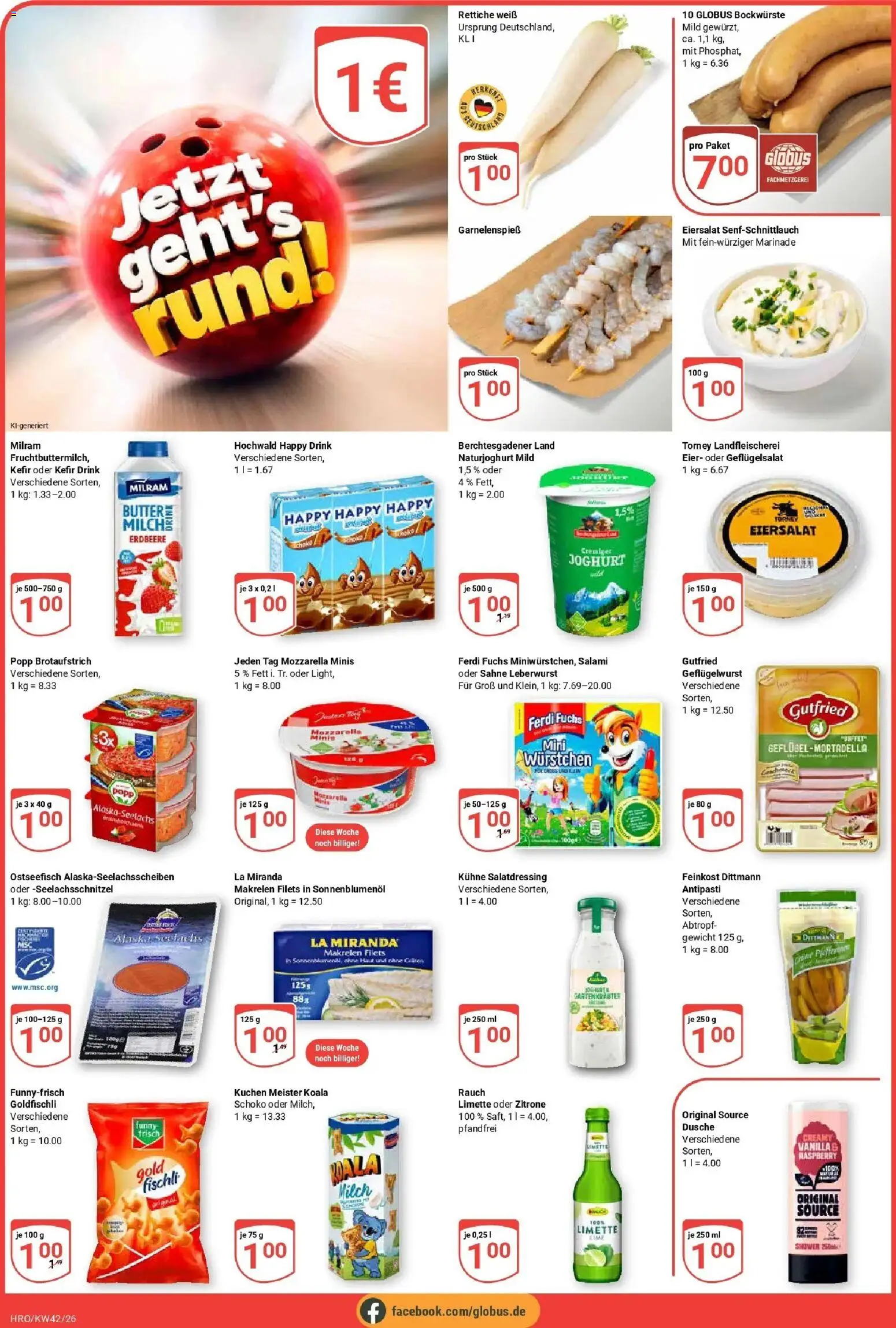 Globus Prospekt KW 42 Seite 6 mit Milram Buttermilch, Ferdi Fuchs, Gutfried, Goldfischli & Koala
