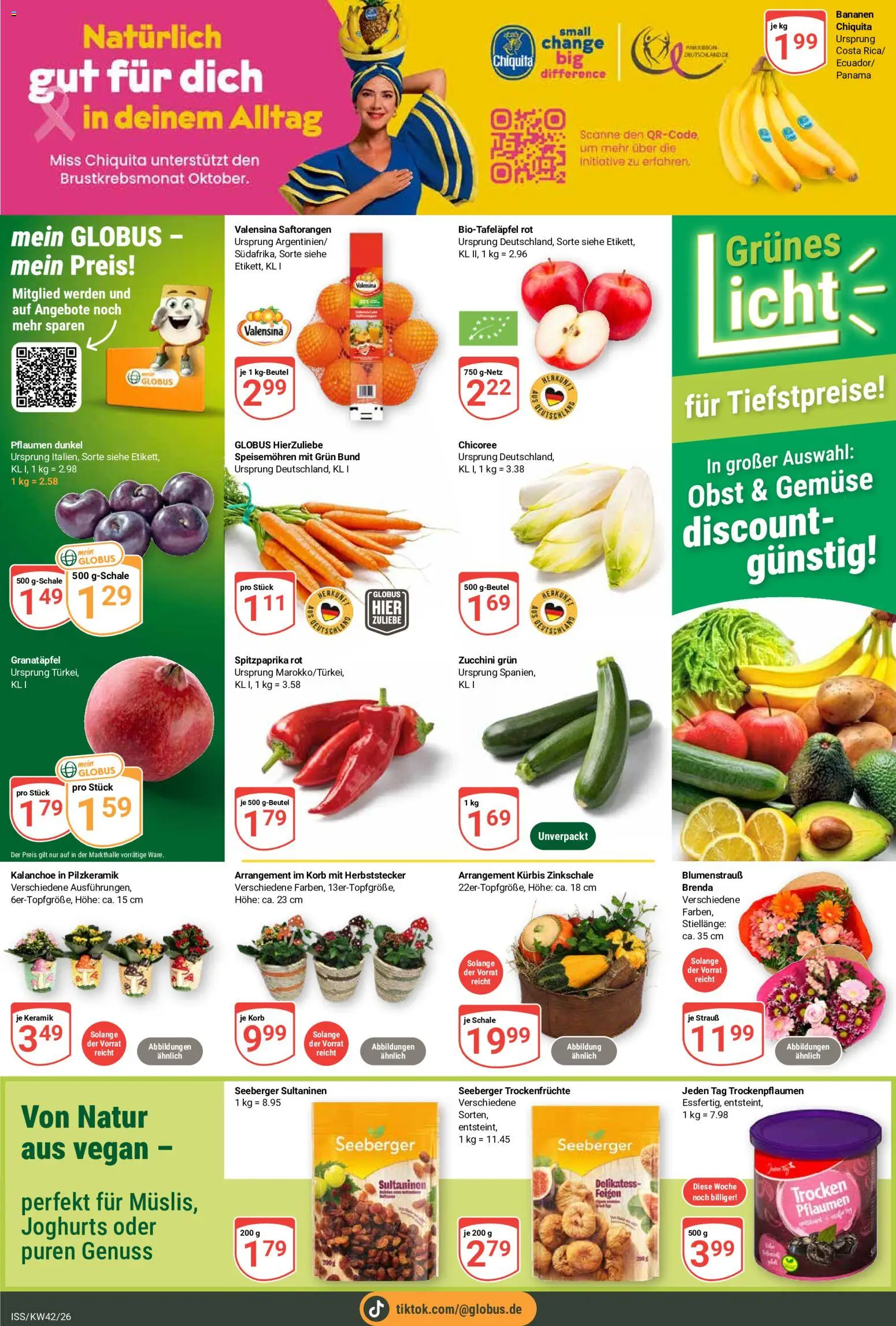 Globus Prospekt KW 42 Seite 6 mit Chiquita Bananen, Valensina Saftorangen, Bio-Tafeläpfeln, Möhren & Seeberger