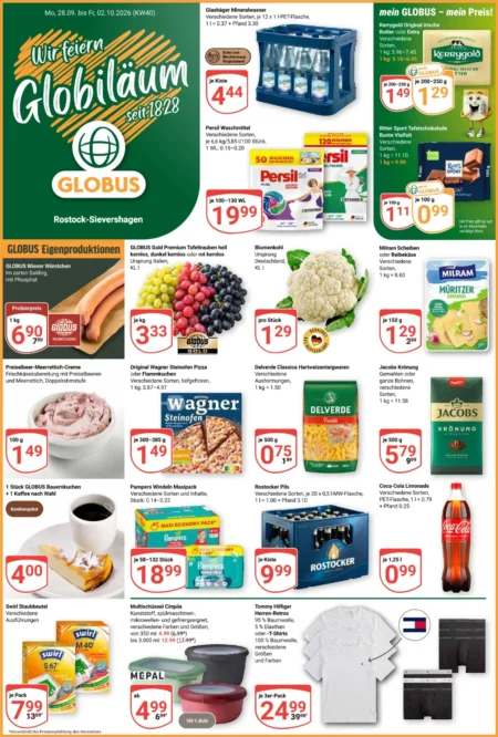 Globus Prospekt ab 28.09.2026 (KW 40) Nord Globus Prospekt ab 28.09.2026 Seite 1 mit Kerrygold Butter, Persil, Wagner Pizza, Jacobs Kaffee, Pampers und Coca-Cola.