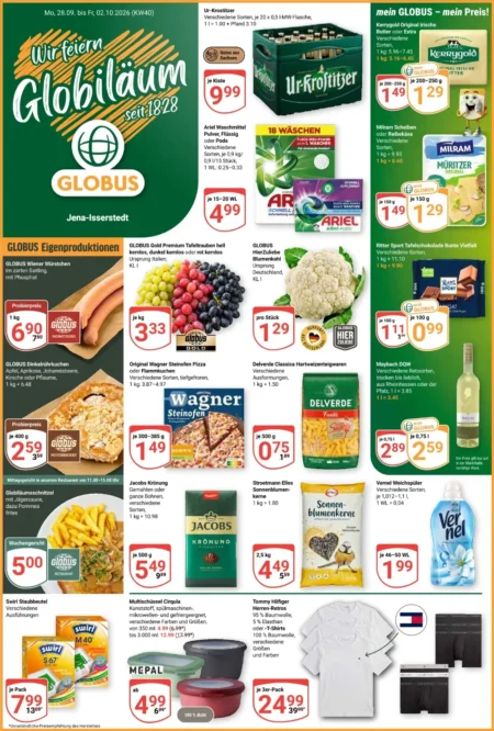 Globus Prospekt ab 28.09.2026 (KW 40) Globus Prospekt ab 28.09.2026 Seite 1 mit Kerrygold Butter, Ur-Krostitzer, Ariel, Wagner Pizza, Jacobs Kaffee und T-Shirts.
