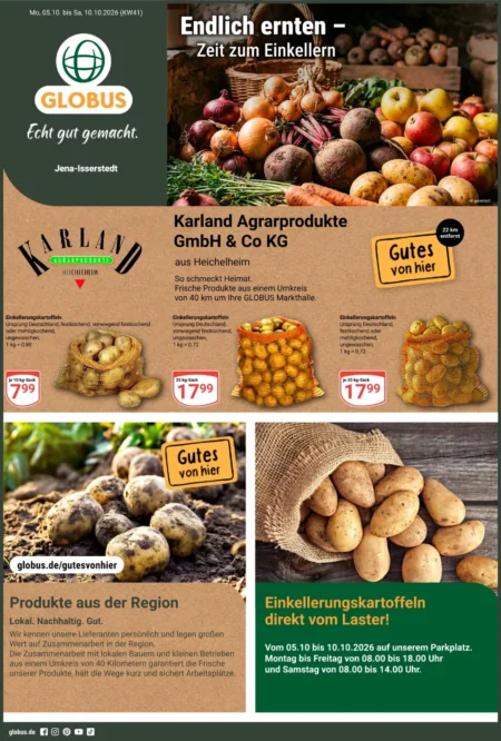 Globus Prospekt ab 05.10.2026 (KW 41) Globus Prospekt Online ab 05.10.2026 Seite 1 mit Karland Einkellerungskartoffeln und regionalen Produkten.