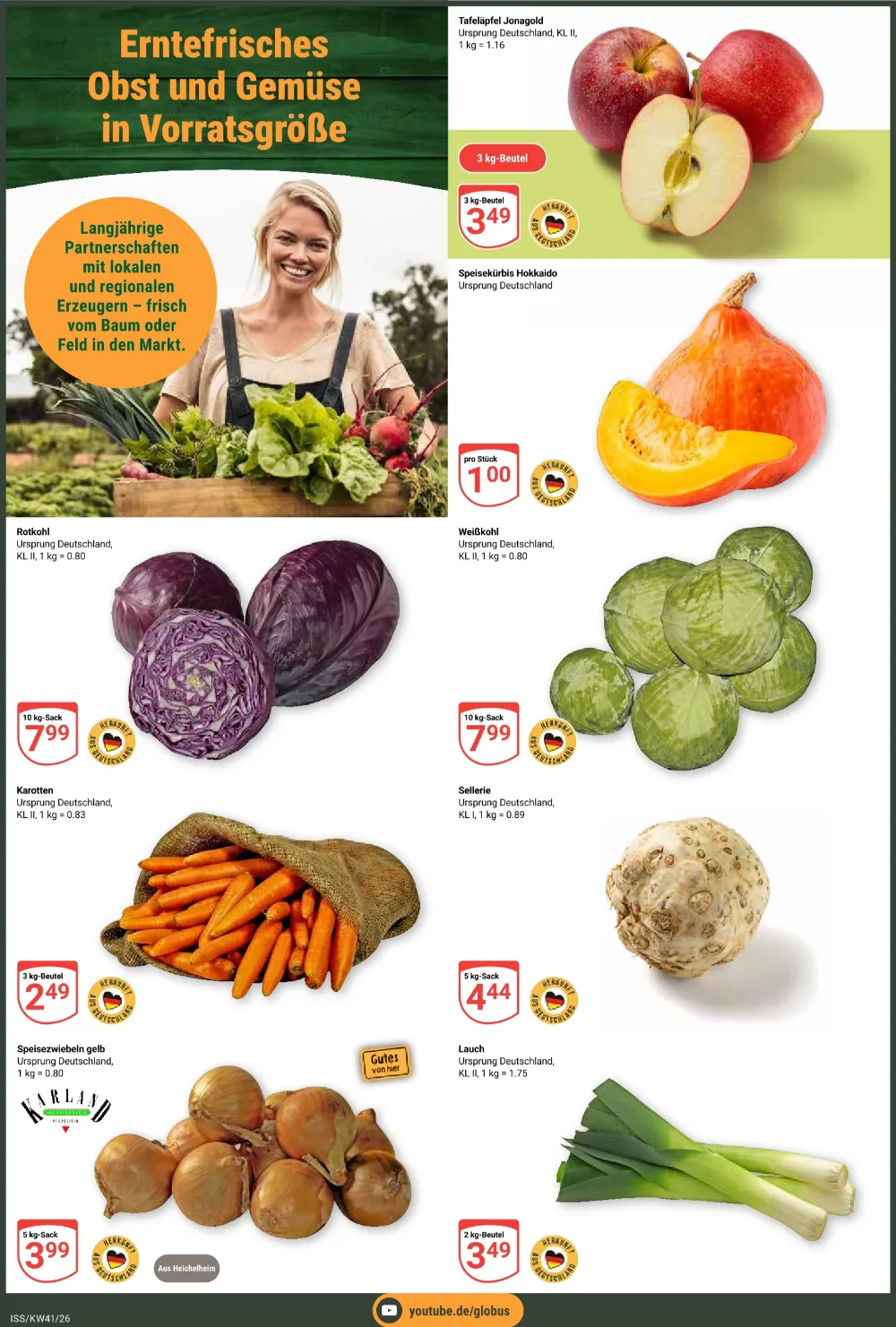 Globus Prospekt Online KW41 Seite 2 mit Jonagold Äpfeln, Hokkaido Speisekürbis, Rotkohl, Karotten und Lauch.