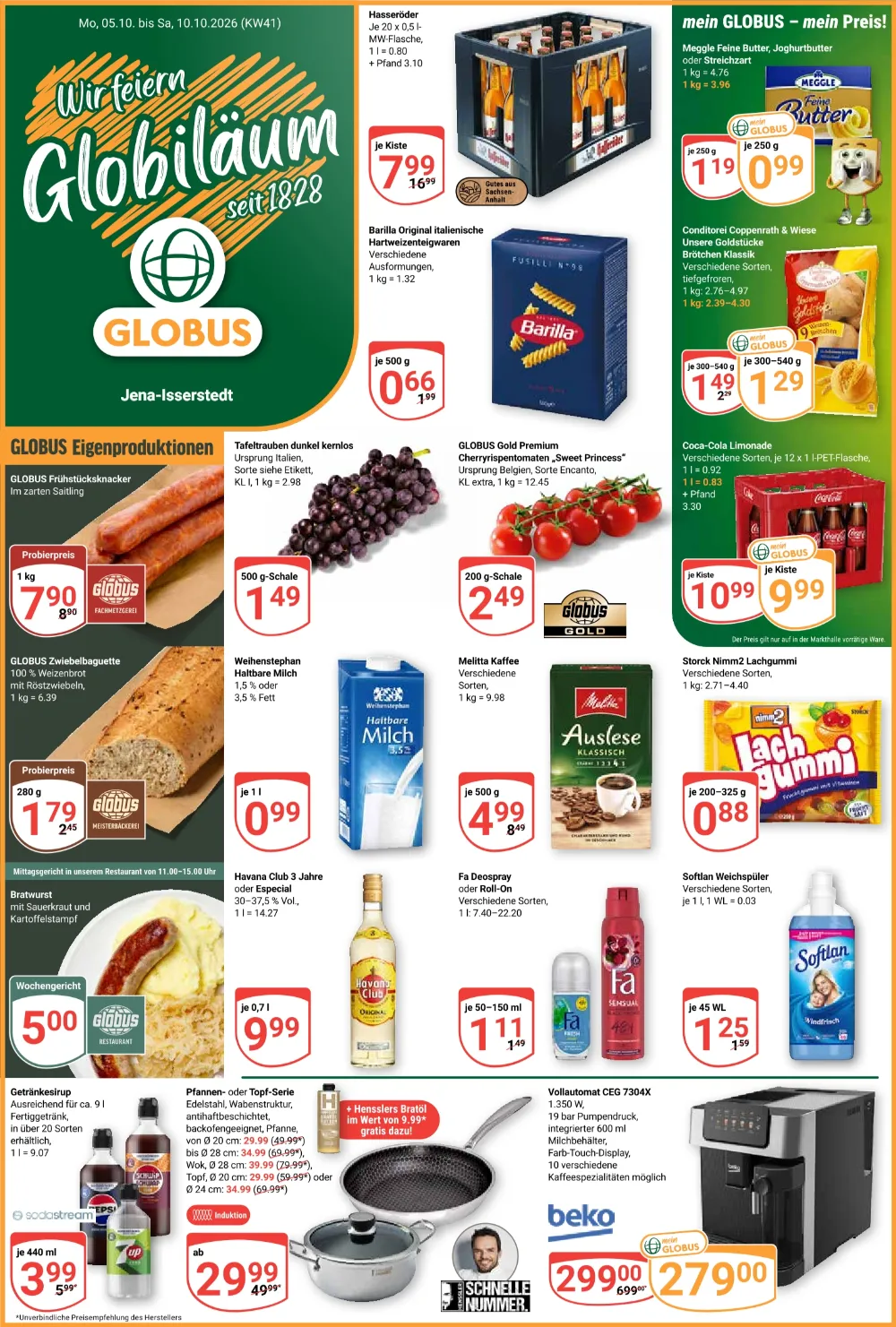 Globus Prospekt Online KW41 Seite 3 mit Meggle Butter, Coppenrath & Wiese Brötchen, Barilla Pasta und Coca-Cola.