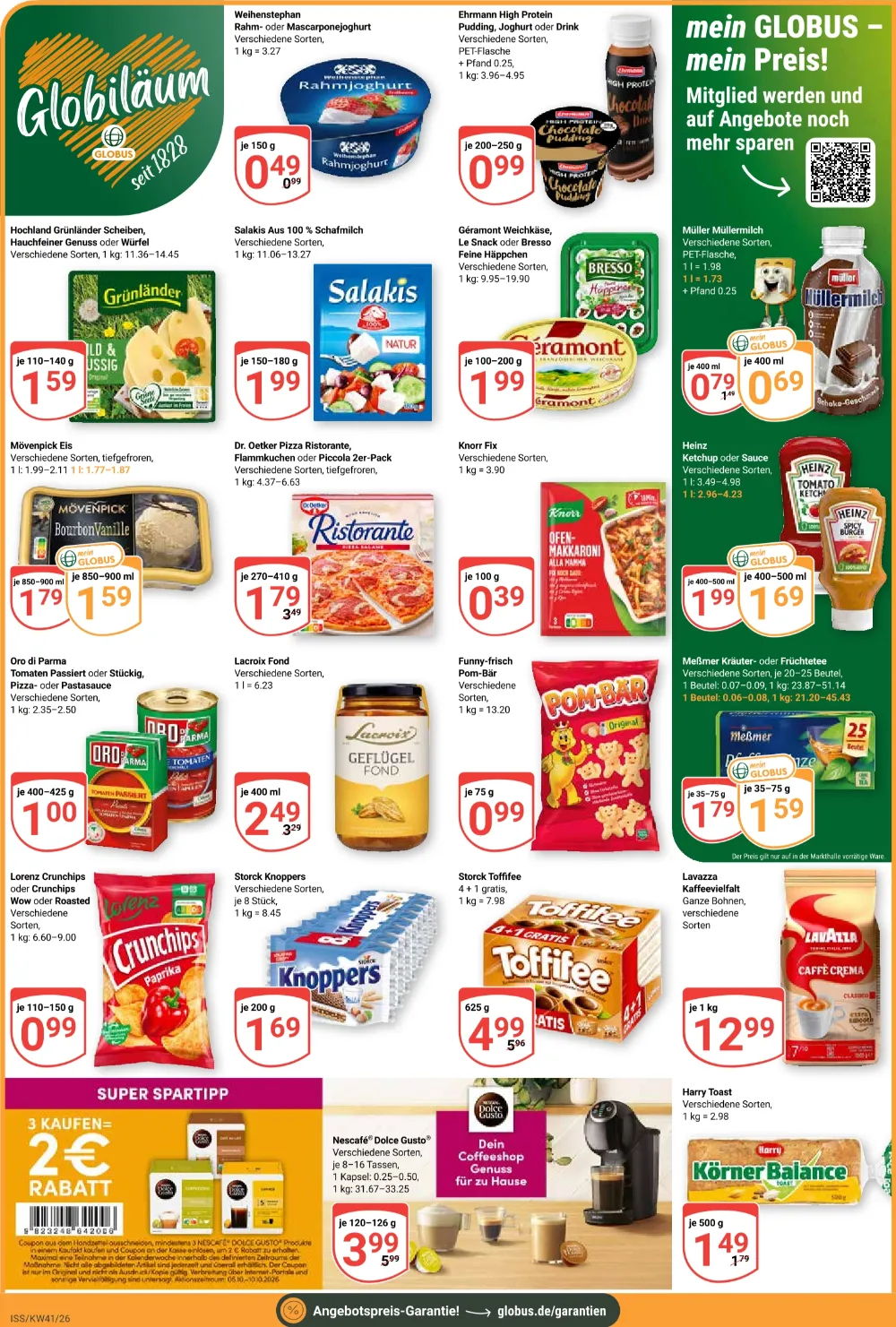 Globus Prospekt Online KW41 Seite 4 mit Grünländer Käse, Mövenpick Eis, Ristorante Pizza, Pom-Bär und Toffifee.