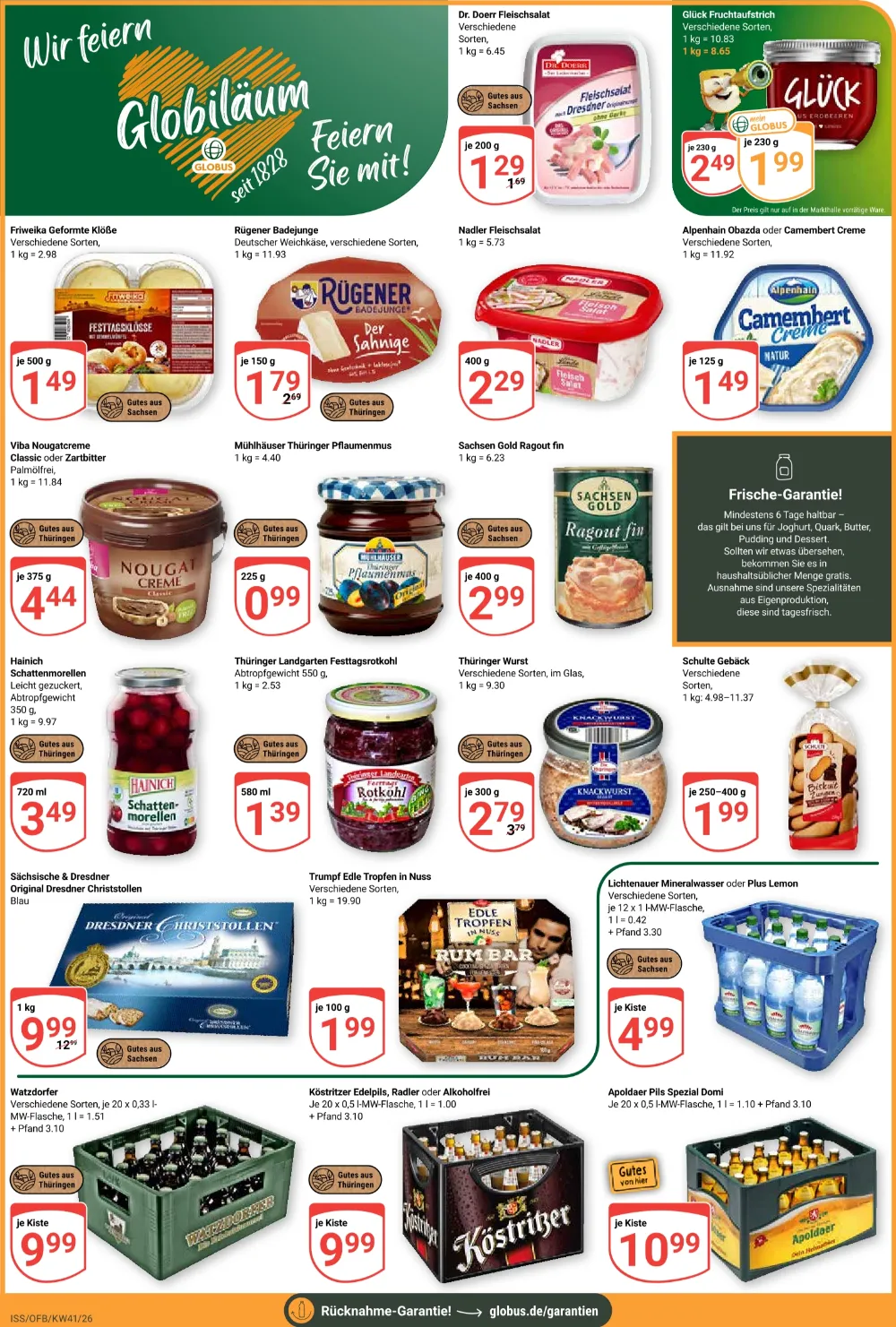 Globus Prospekt Online KW41 Seite 5 mit Glück Fruchtaufstrich, Rügener Badejunge, Christstollen und Köstritzer.