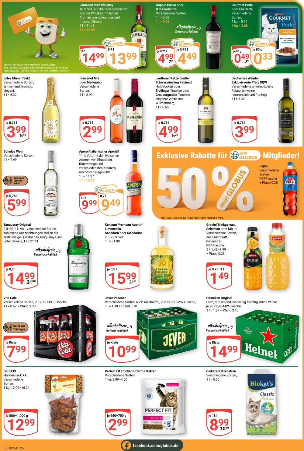 Globus Prospekt Online KW41 Seite 6 mit Jameson Whiskey, Jules Mumm Sekt, Aperol, Tanqueray Gin und Heineken.