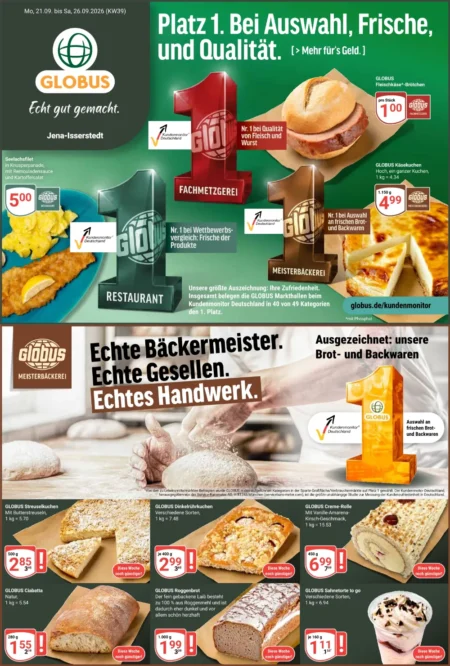 Globus Prospekt ab 21.09.2026 (KW 39) Ost Globus Prospekt Online ab 21.09.2026 Seite 1 mit Fleischkäse-Brötchen, Seelachsfilet, Käsekuchen, Streuselkuchen und Roggenbrot