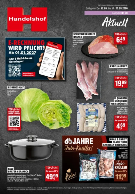 Handelshof Prospekt ab 17.09.2026 (KW 38) Handelshof Prospekt ab 17.09.2026 Seite 1 mit Kasseler, Kabeljaufilet, Eisbergsalat, Weißwurst und Garnelen