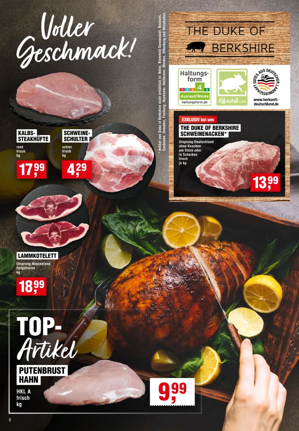 Handelshof Prospekt KW 38 Seite 2 mit Kalbssteakhüfte, Schweineschulter, Lammkotelett, Schweinenacken und Putenbrust