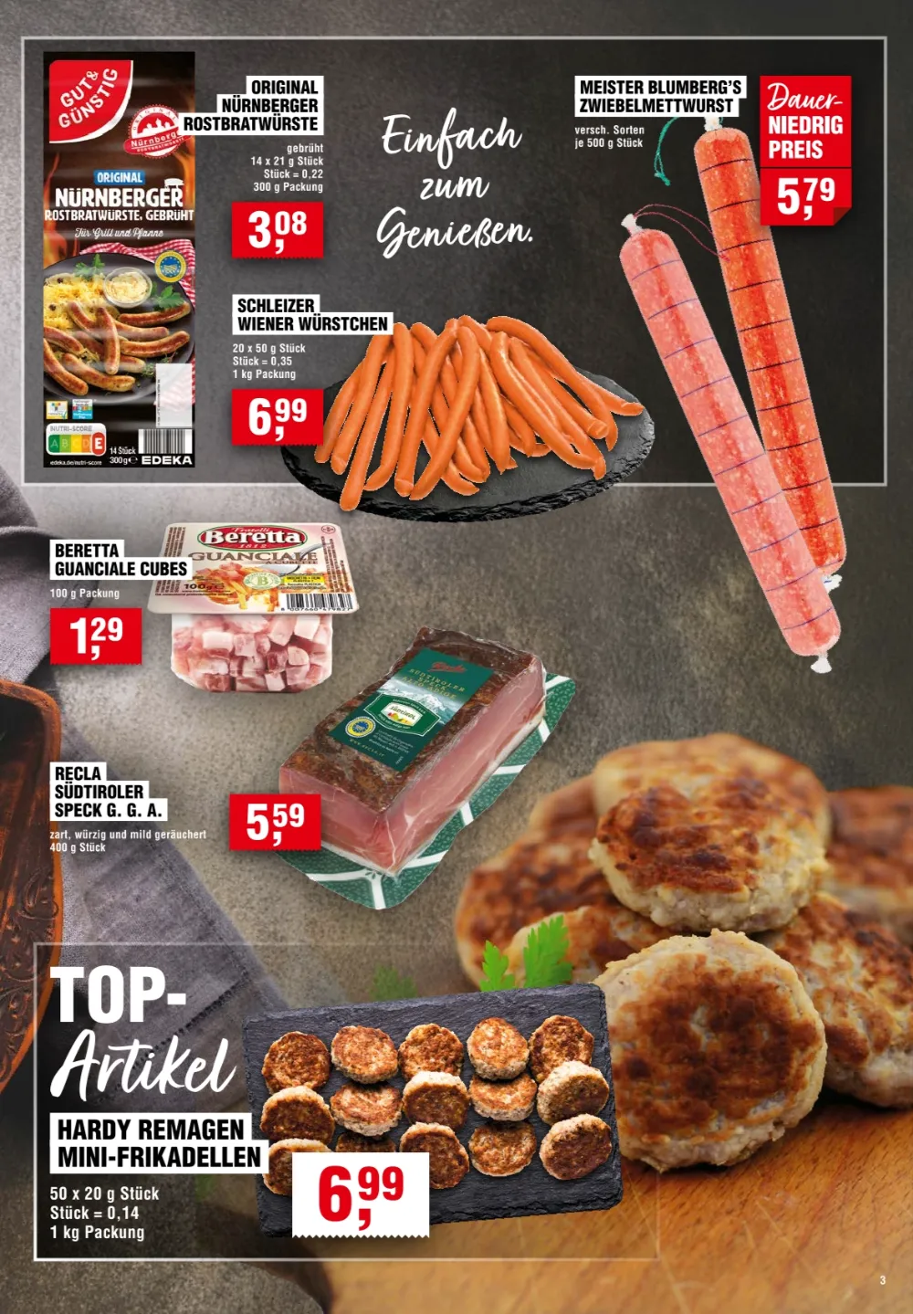 Handelshof Prospekt KW 38 Seite 3 mit Nürnberger Rostbratwurst, Wiener Würstchen, Zwiebelmettwurst und Frikadellen