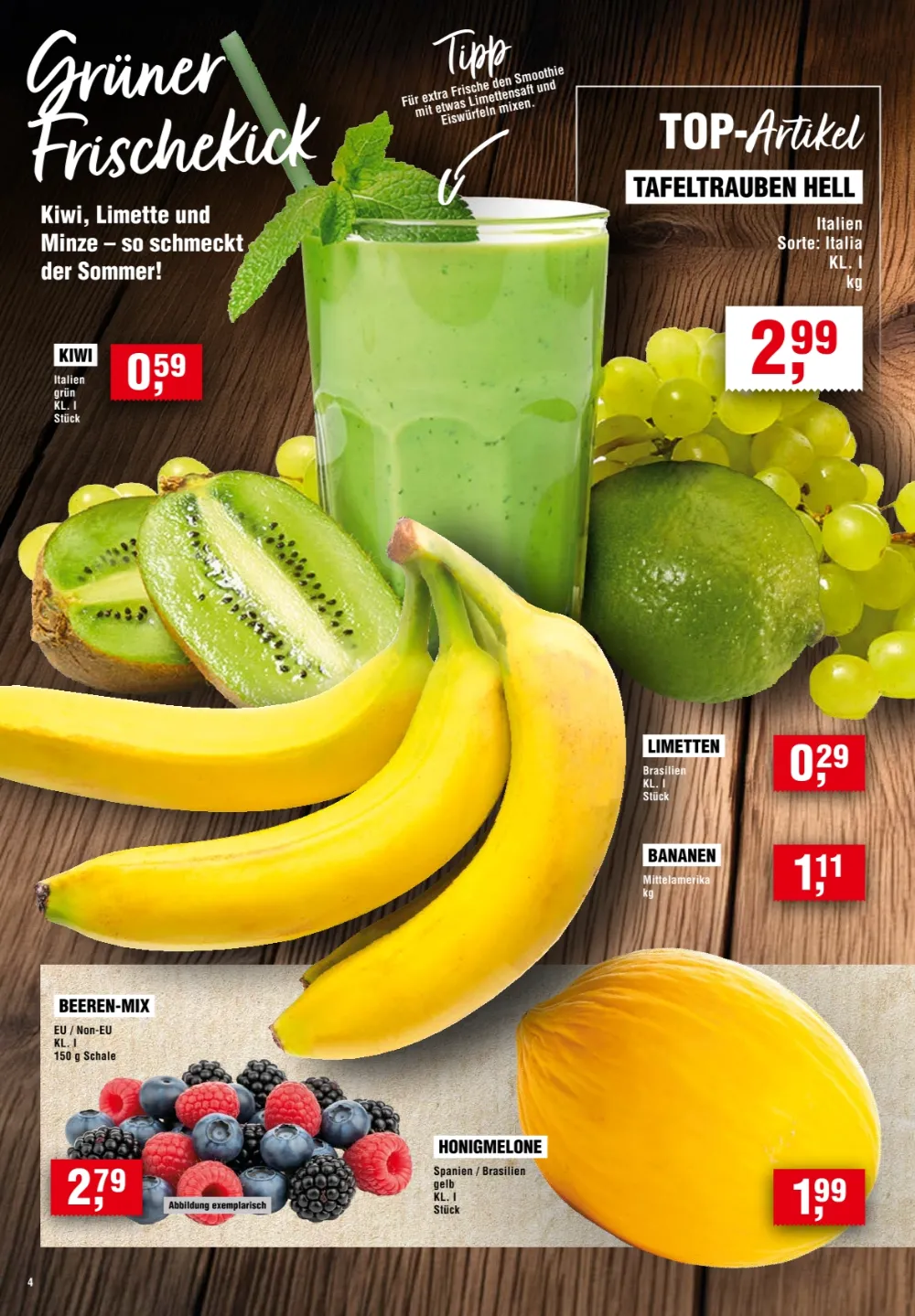Handelshof Prospekt KW 38 Seite 4 mit Tafeltrauben, Kiwis, Limetten, Bananen, Beeren-Mix und Honigmelone