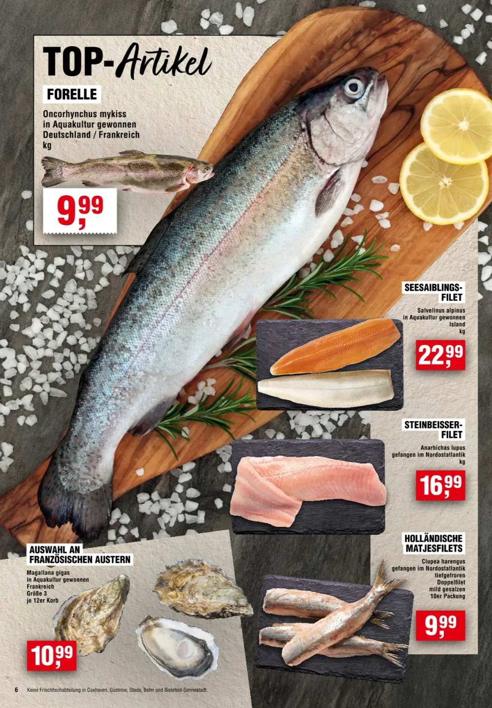 Handelshof Prospekt KW 38 Seite 6 mit Forelle, Seesaiblingsfilet, Steinbeisserfilet, Austern und Matjesfilet