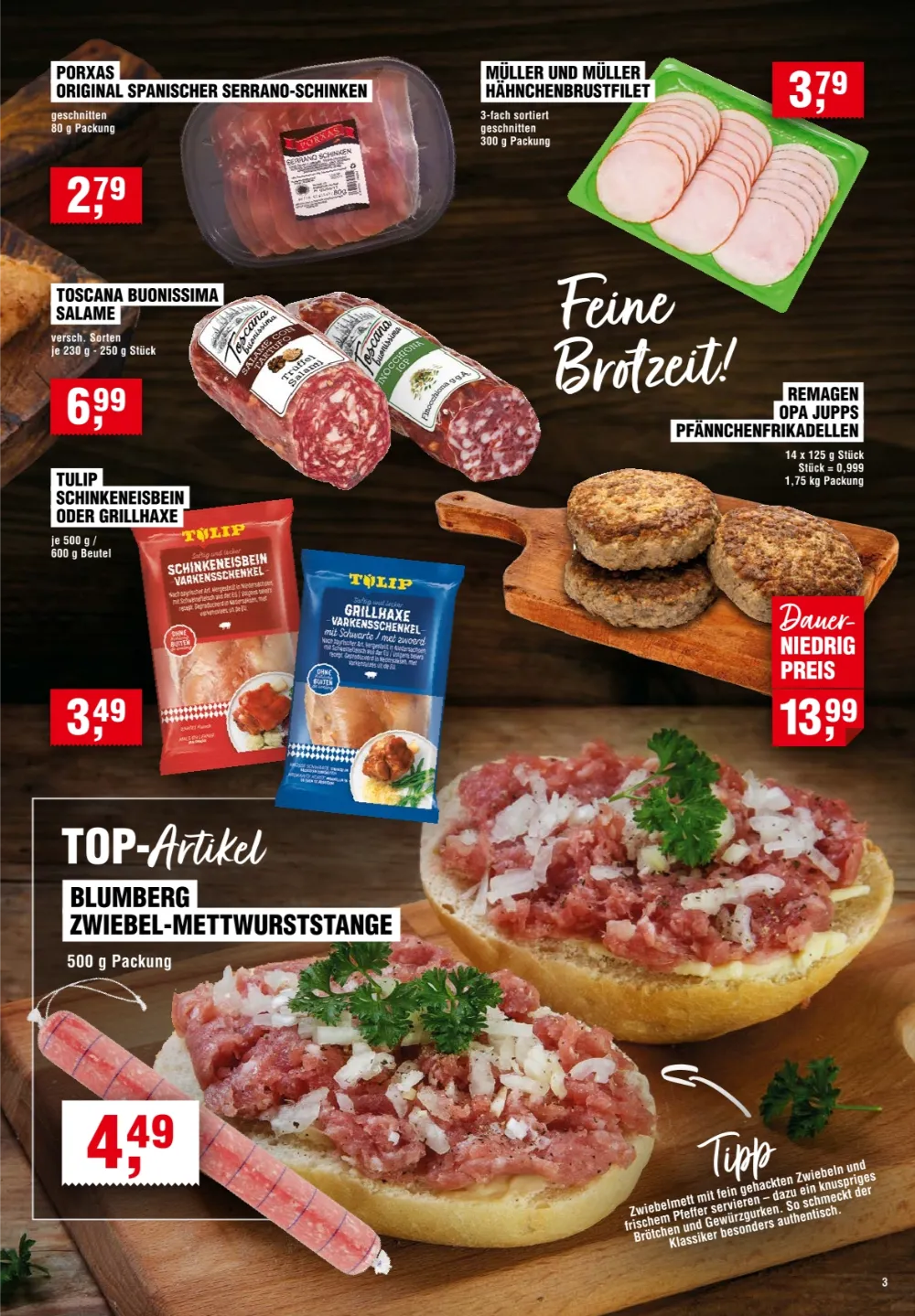 Handelshof Prospekt KW 39 Seite 3 mit Serrano-Schinken, Salami, Grillhaxe, Frikadellen und Zwiebelmettwurst.