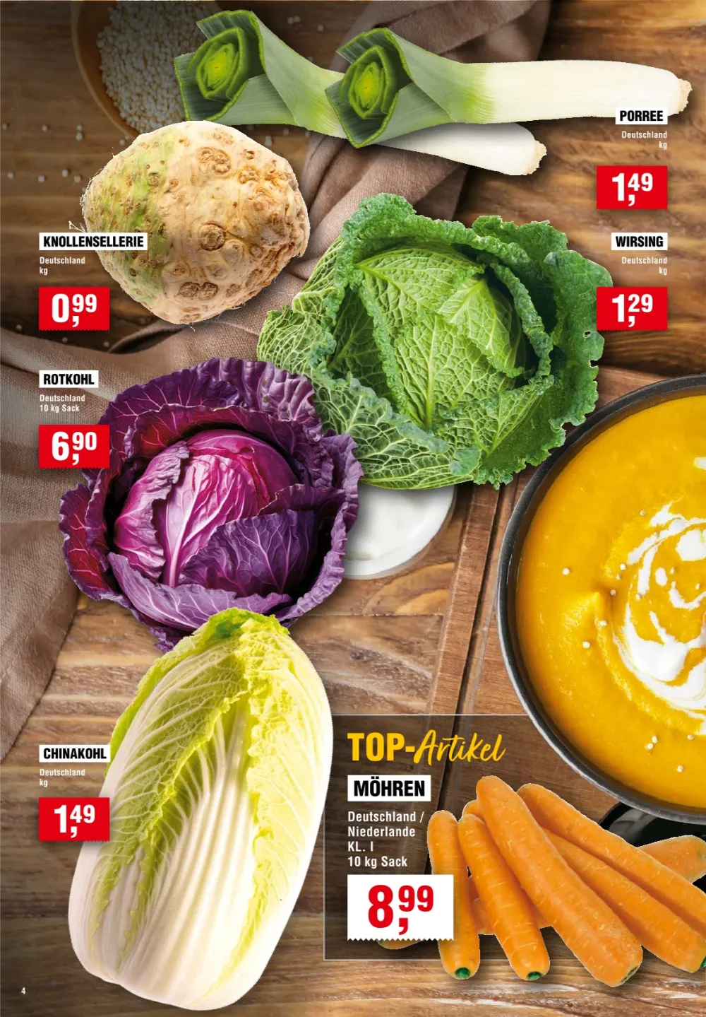 Handelshof Prospekt KW 39 Seite 4 mit Knollensellerie, Porree, Wirsing, Rotkohl, Chinakohl und Möhren.