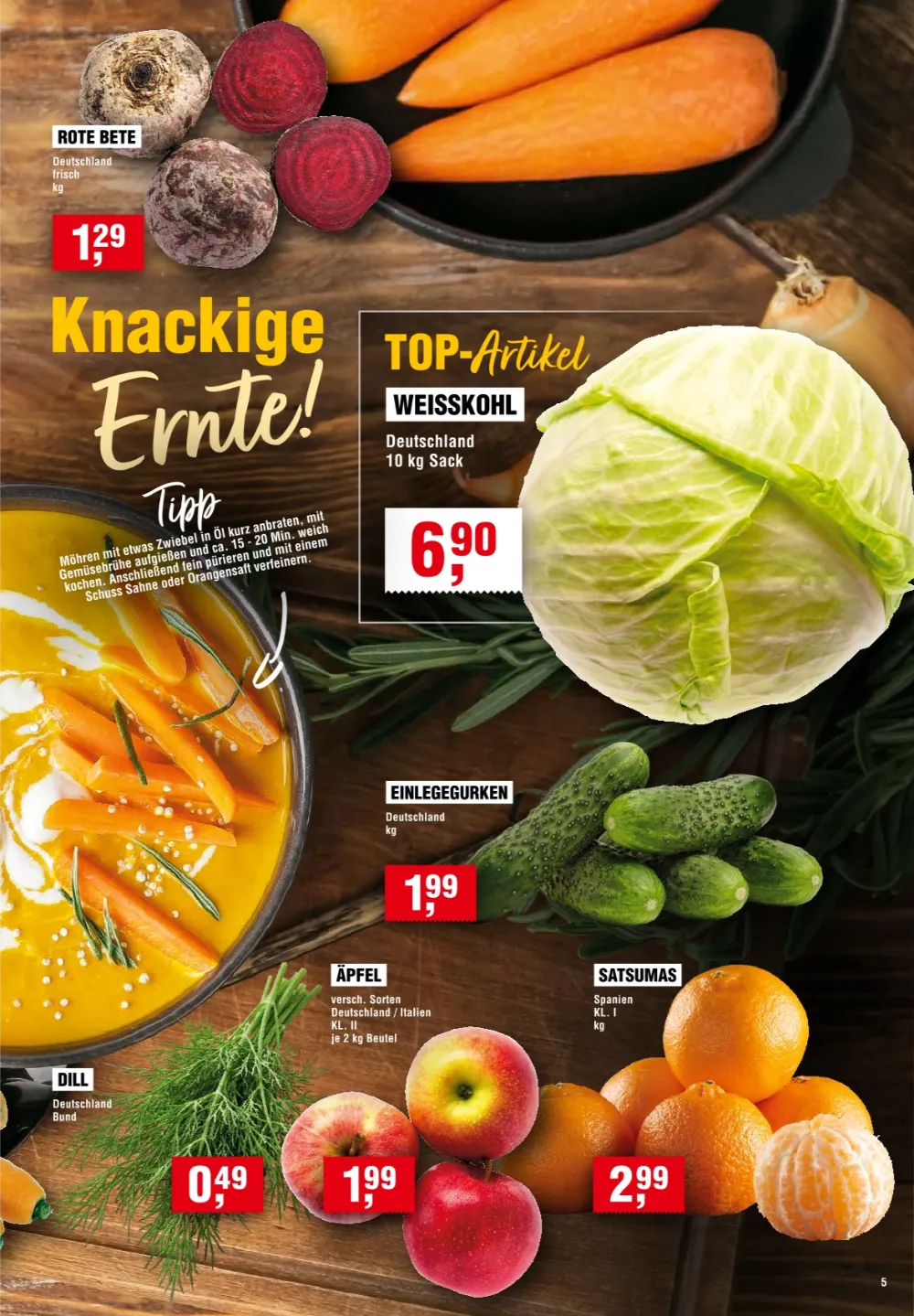 Handelshof Prospekt KW 39 Seite 5 mit Roter Bete, Weißkohl, Einlegegurken, Dill, Äpfeln und Satsumas.