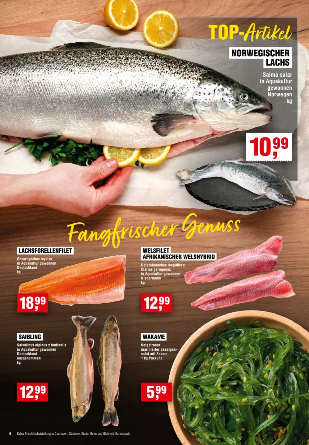 Handelshof Prospekt KW 39 Seite 6 mit Norwegischem Lachs, Lachsforellenfilet, Welsfilet, Saibling und Wakame.