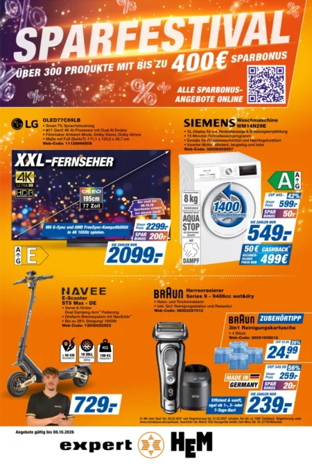 HEM Expert Prospekt ab 02.10.2026 (KW 41) Expert HEM Prospekt ab 02.10.2026 Seite 1 mit LG OLED TV, Siemens Waschmaschine, Navee E-Scooter und Braun Rasierer