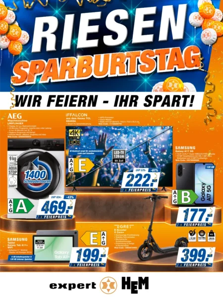 HEM Expert Prospekt ab 09.10.2026 (KW 42) Hem Expert Prospekt ab 09.10.2026 Seite 1 mit AEG Waschmaschine, iFFALCON TV, Galaxy A17 & Egret E-Scooter