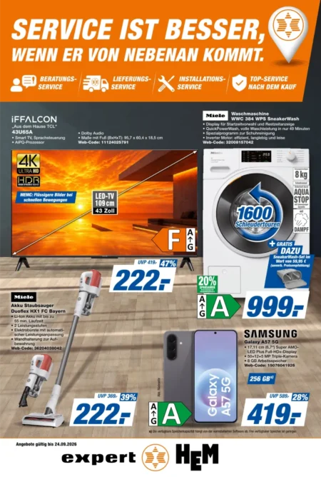 HEM Expert Prospekt ab 18.09.2026 (KW 39) Expert HEM Prospekt ab 18.09.2026 Seite 1 mit iFFALCON LED-TV, Miele Waschmaschine und Samsung Galaxy A57