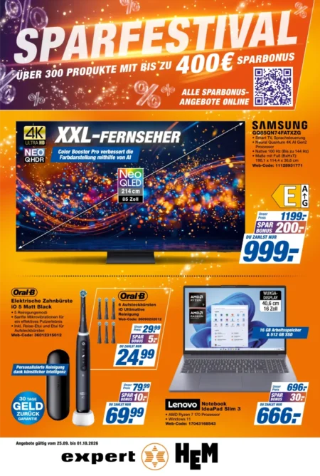 HEM Expert Prospekt ab 25.09.2026 (KW 40 ) expert HEM Prospekt ab 25.09.2026 Seite 1 mit Samsung Neo QLED TV, Oral-B Zahnbürste, Aufsteckbürsten und Lenovo Notebook.