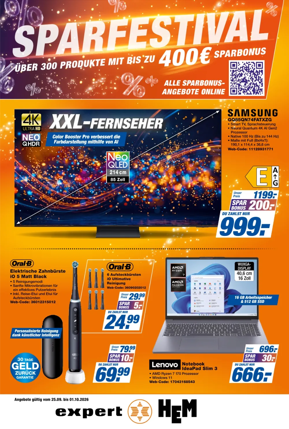 HEM Expert Prospekt ab 25.09.2026 Seite 1 mit Samsung Neo QLED TV, Oral-B Zahnbürste, Aufsteckbürsten und Lenovo Notebook.