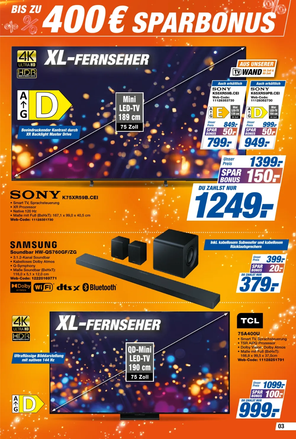 HEM Expert Prospekt KW 40 Seite 3 mit Sony Mini LED-TV, Samsung Soundbar mit Subwoofer und TCL QD-Mini LED-TV.