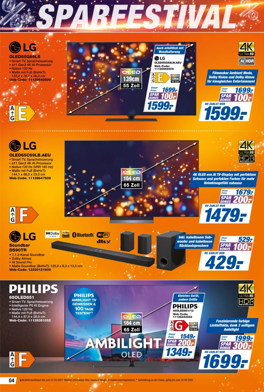 HEM Expert Prospekt KW 40 Seite 4 mit LG OLED TV, LG OLED evo TV, LG Soundbar und Philips Ambilight OLED TV.