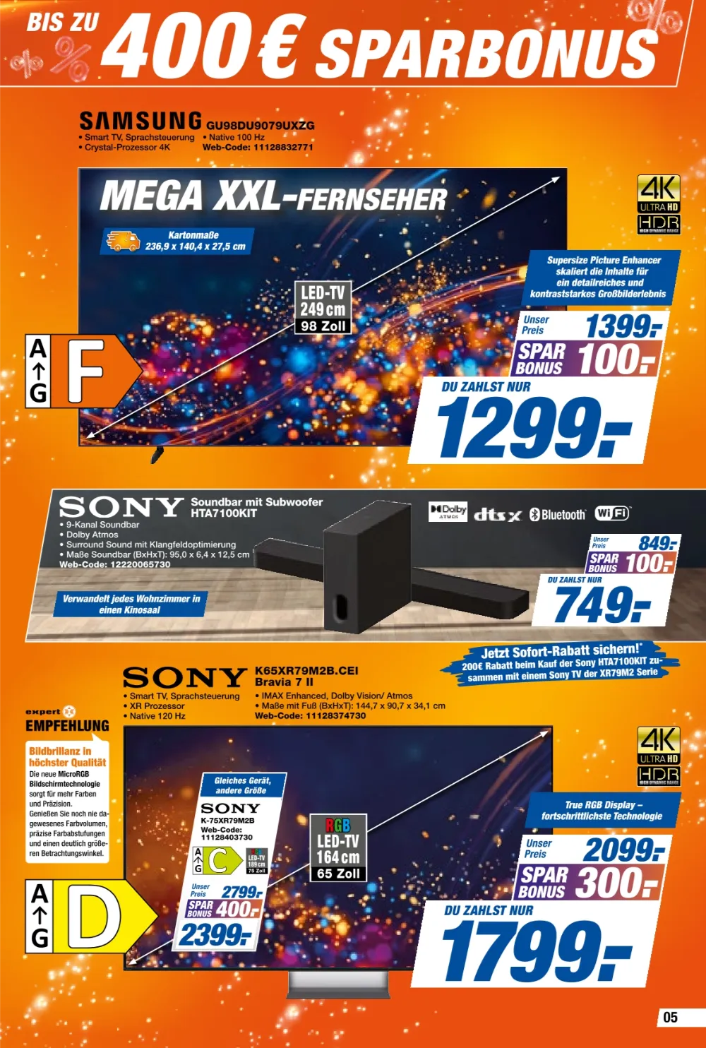 HEM Expert Prospekt KW 40 Seite 5 mit Samsung 98 Zoll LED-TV, Sony Soundbar mit Subwoofer und Sony Bravia RGB LED-TV.