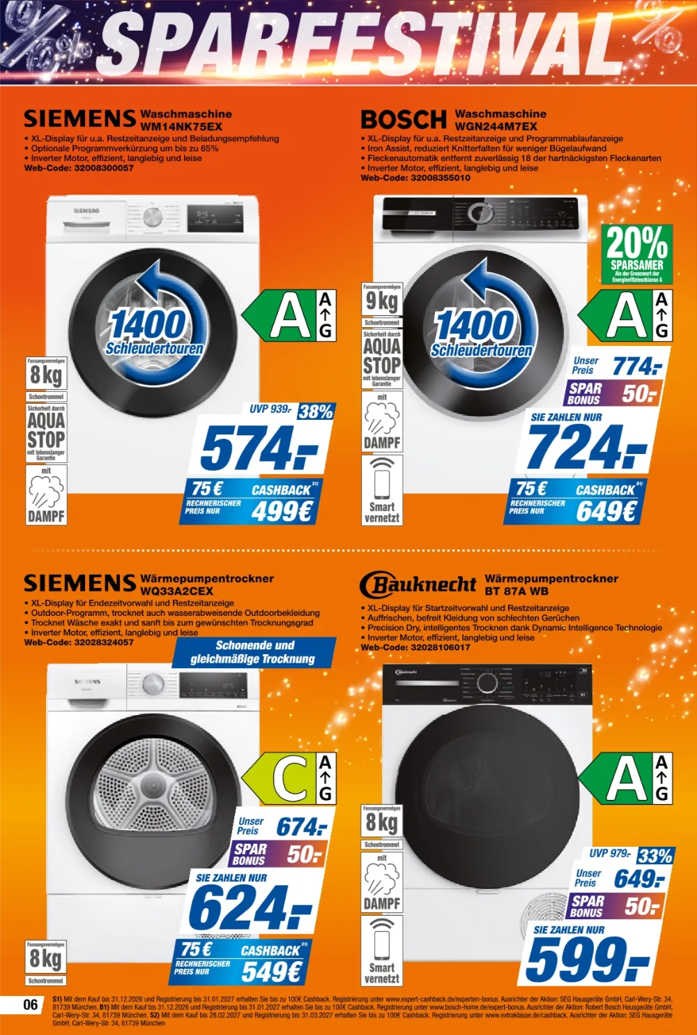 HEM Expert Prospekt KW 40 Seite 6 mit Siemens Waschmaschine, Bosch Waschmaschine, Siemens und Bauknecht Trockner.
