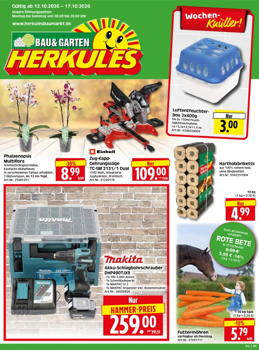 Herkules Baumarkt Angebote ab 12.10.2026 Seite 1 mit angeboten für Orchideen, Gehrungssäge, Makita Schrauber & Entfeuchter