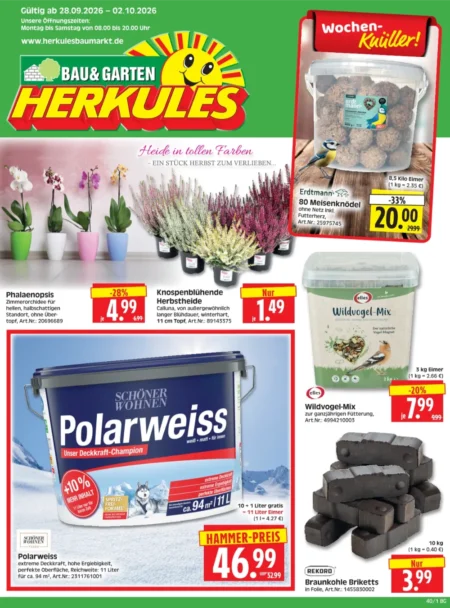Herkules Baumarkt Prospekt ab 28.09.2026 (KW 40) Herkules Baumarkt Angebote ab 28.09.2026 Seite 1 mit Angeboten für Orchidee, Herbstheide, Polarweiss und Briketts.
