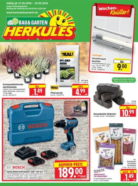 Herkules Baumarkt Prospekt ab 21.09.2026 (KW 39) Herkules Prospekt ab 21.09.2026 Seite 1 mit Herbstheide, Pflanzerde, Osram Leuchte, Bosch Akku-Bohrschrauber und Briketts.