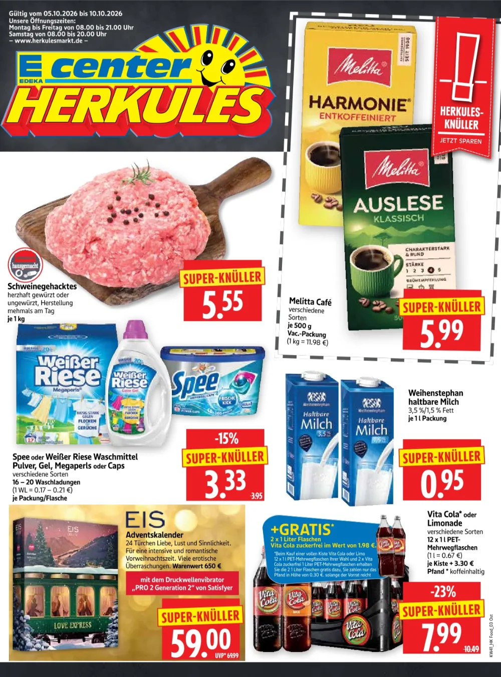 Herkules E-Center Angebote ab 05.10.2026 Seite 1 mit Angeboten für Schweinegehacktes, Melitta Kaffee, Waschmittel & Milch