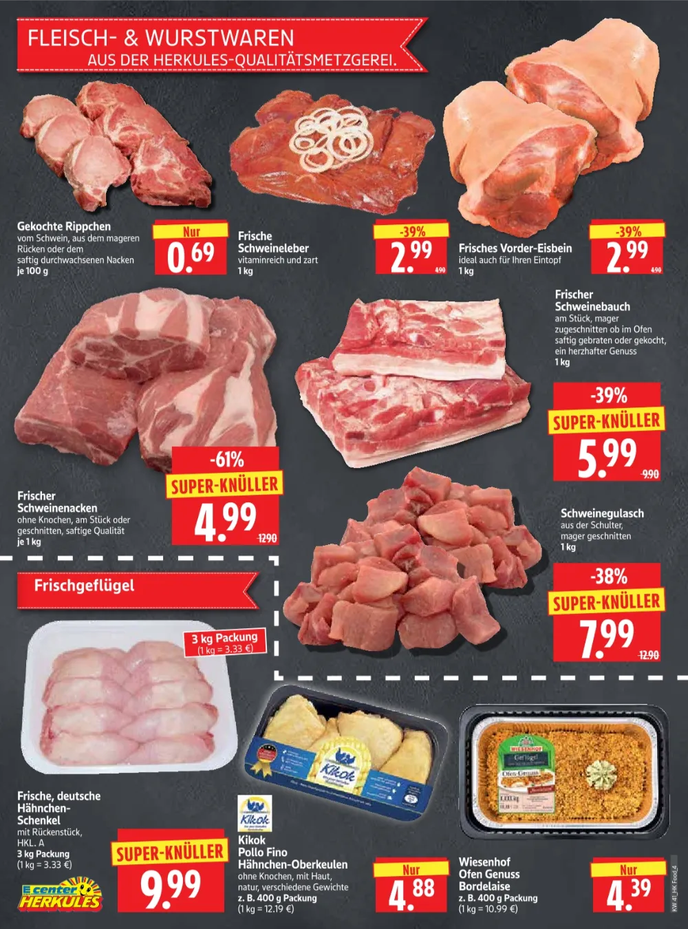 Herkules E-Center Angebote KW 41 Seite 2 mit Angeboten für Schweinenacken, Eisbein, Schweinegulasch & Hähnchenschenkel