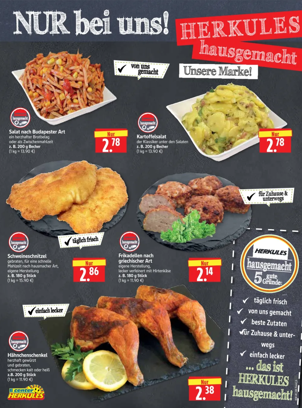 Herkules E-Center Angebote KW 41 Seite 4 mit Angeboten für Budapester Salat, Kartoffelsalat, Schnitzel & Frikadellen