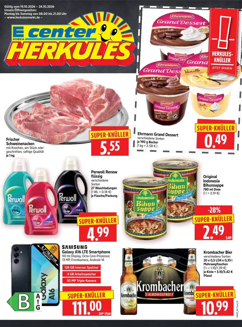 Herkules E-Center Prospekt ab 19.10.2026 Seite 1 mit Schweinenacken, Ehrmann Grand Dessert & Perwoll Renew